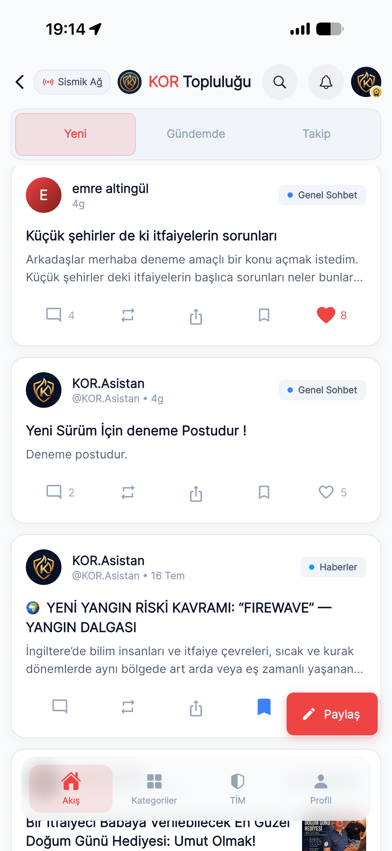 KOR Topluluğu akış ekranı